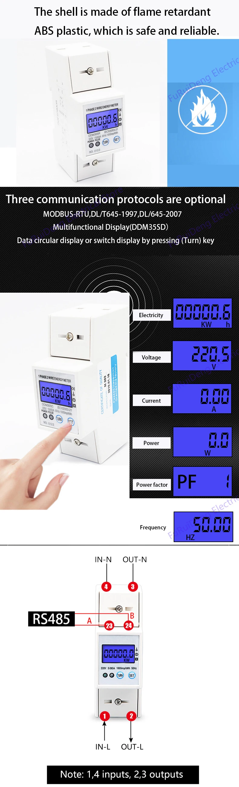 Однофазный двухпроводной RS485 MODBUS протокол ЖК-дисплей с подсветкой 220 В/230 В 50 Гц/60 Гц din-рейку ваттметр счетчик энергии Ватт метр