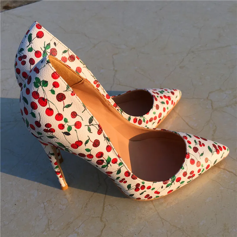 

Free shipping fashion women Pumps lady white Cherry fairy printed Pointy toe high heels shoes size33-43 12cm 10cm 8cm Stiletto