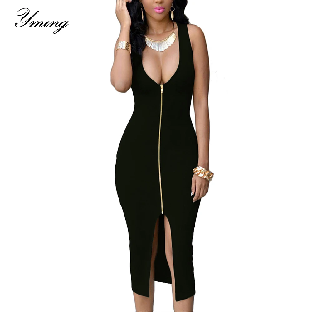 

YMING Summer Sexy Women Dress Long Front Zipper Party Dresses Beach White Black Sundress Vestidos Bodycon Midi Club Dress