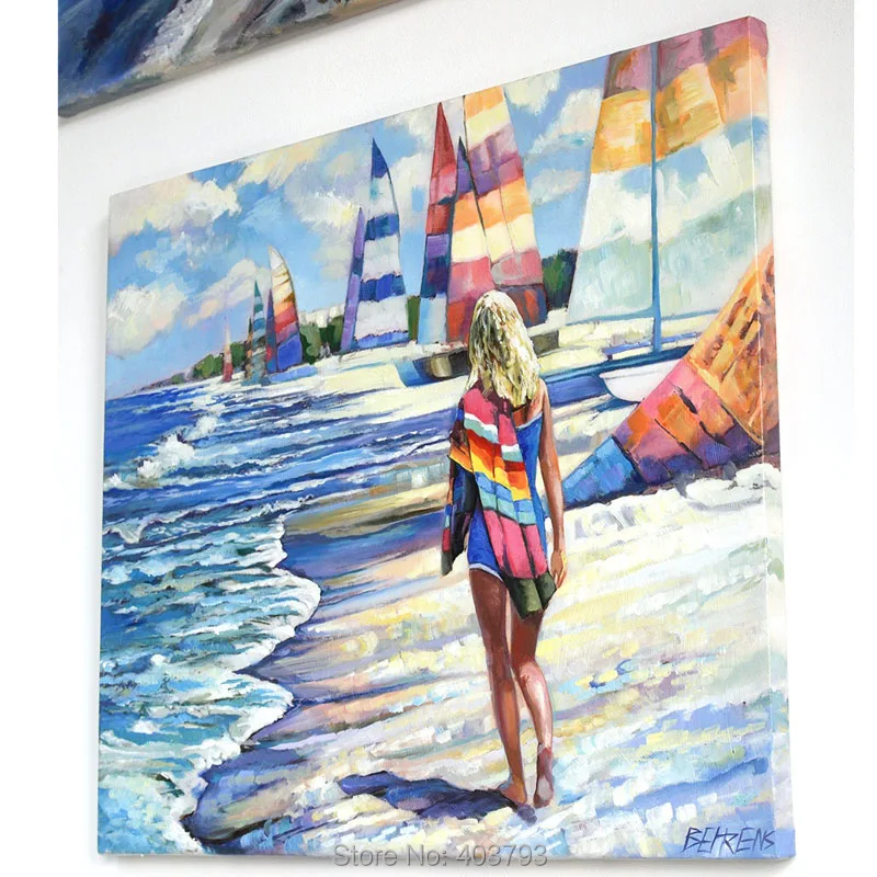 Hand painted oil painting Girl on the beach 70x60cm With love from California Christmas Gift Canvas Art For Living Room | Дом и сад