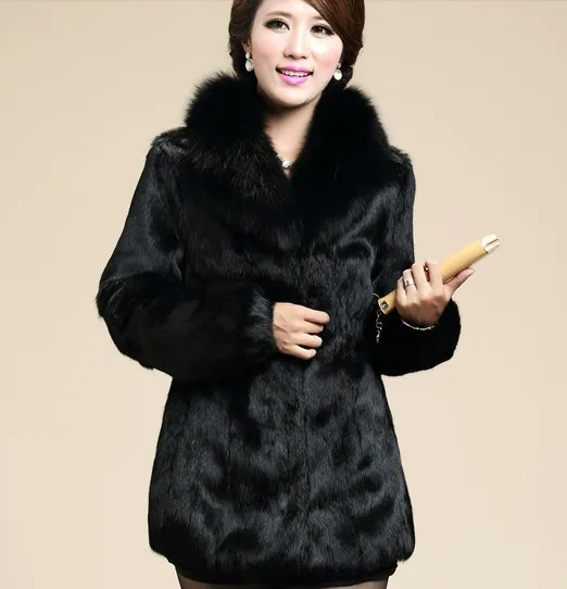 Зимняя женская шуба из натурального кроличьего меха с воротником лисьего тонкая