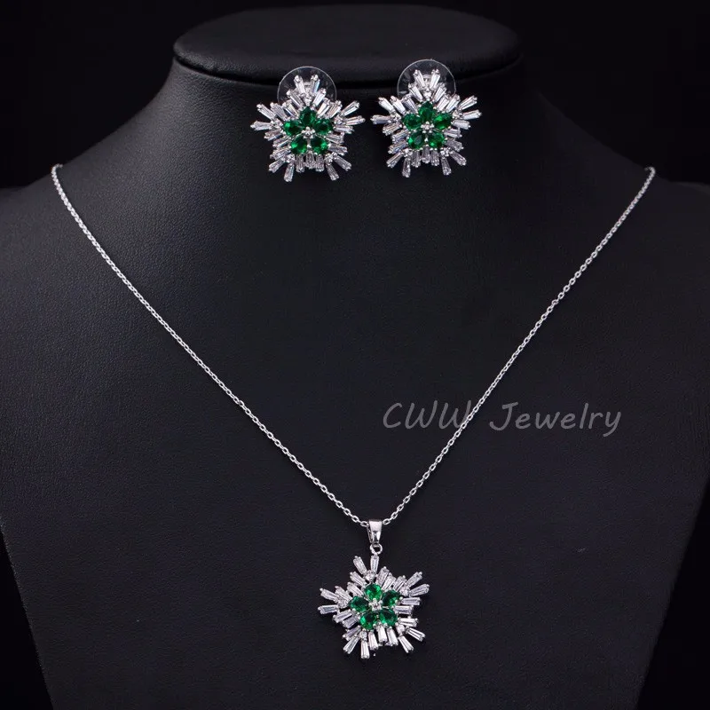 green CWWZircons сверкающие в форме цветка красные стразы кристаллы серьги и ожерелье кулон наборы для модных женщин ювелирные изделия T079 - Окраска металла: green