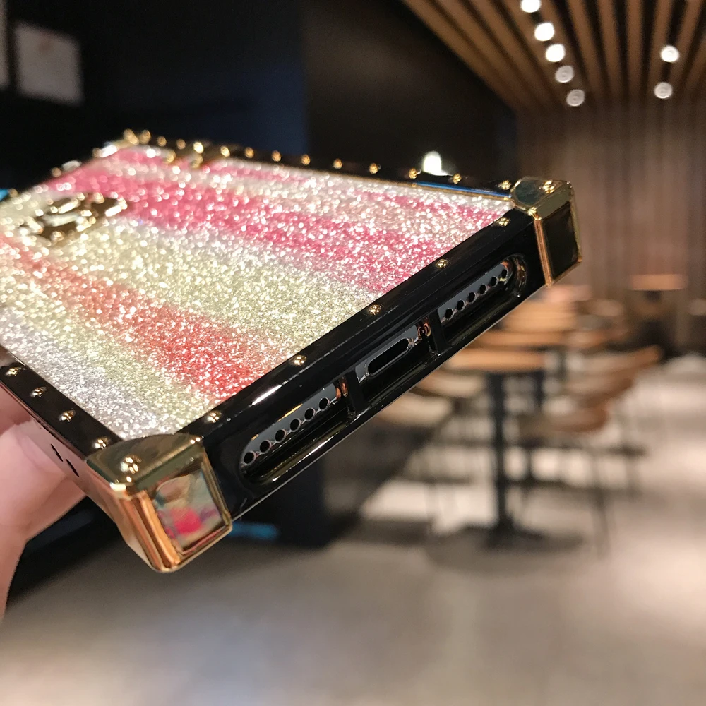 Модный Роскошный 3D квадратный Радужный мягкий пластиковый чехол с блестками