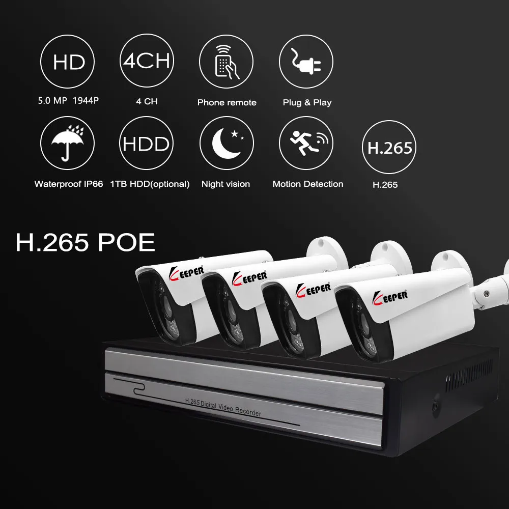 Хранитель H.265 5MP 4CH POE камера NVR комплект с 4 шт. ip-камеры с питанием по POE открытый сетевой кабель комплект системы наблюдения NVR комплект