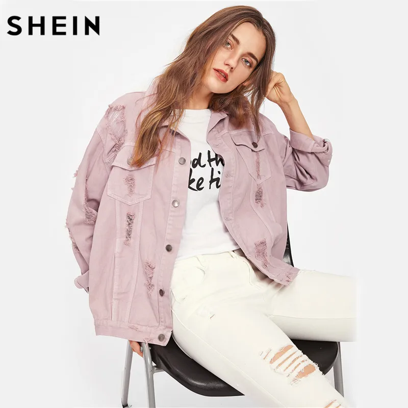 SHEIN Модная Джинсовая Куртка Женская Весенняя Розовая Повседневная Куртка С Длинными Рукавами