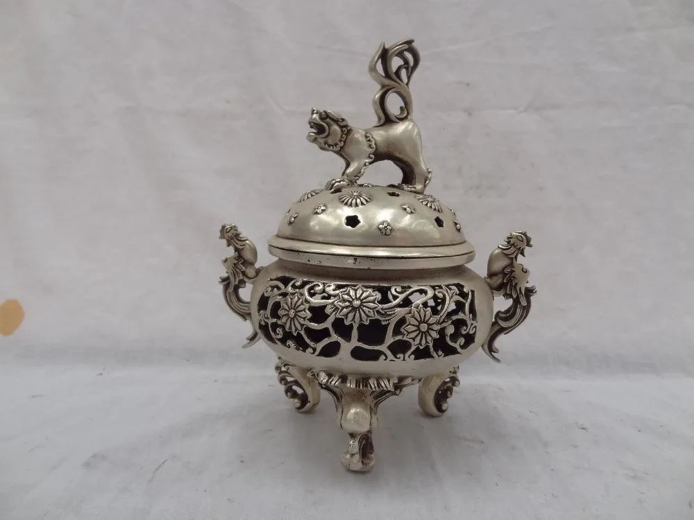 9 &quotКитайская серебряная крышка в виде льва статуя Феникса Тибетский цветок