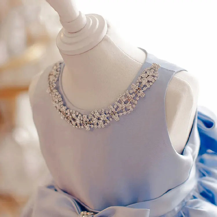 Toddler Blue Satin Baby Baptism Dress Bead Princess Infant Wedding Gown Big Bow 1 Year Girl Birthday Kids Party Wear | Детская одежда и