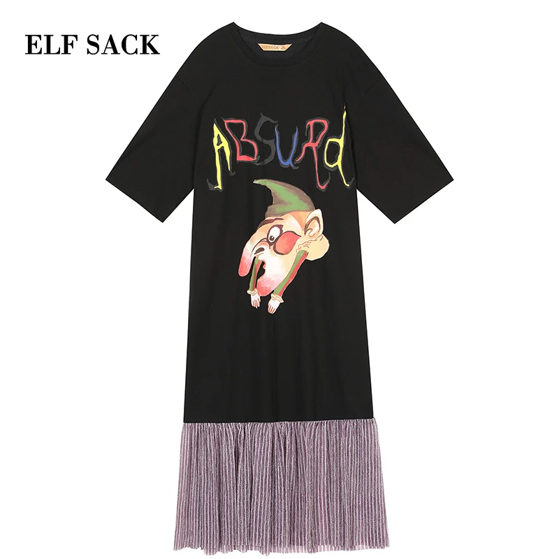 ELFSACK, новинка, хлопковое женское платье, уличная одежда, с буквенным принтом, с круглым вырезом, до середины икры, женские вечерние платья, стильные, со средней талией, Femme Vestidos