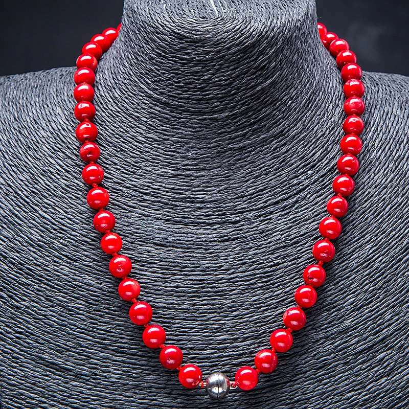 10mm natural coral red stone beads knotted necklace for women fashion statement chain choker clavicle Jewelry mother's gift | Украшения