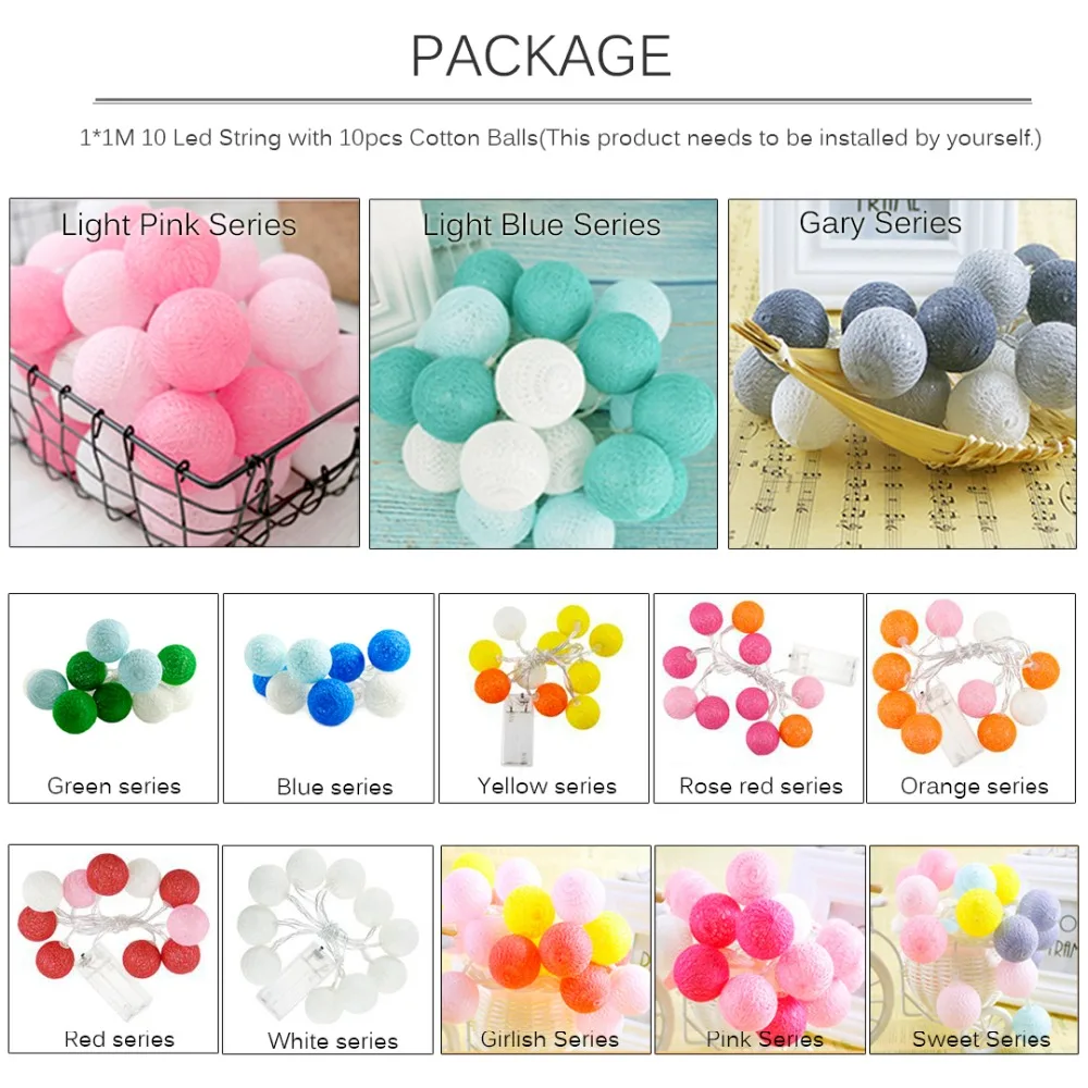 

1M LED Strings Light With 10 pcs 5CM Cotton Wire Balls Fairy Holiday Lights For Christmas Wedding Party Bedroom Decoration JQ