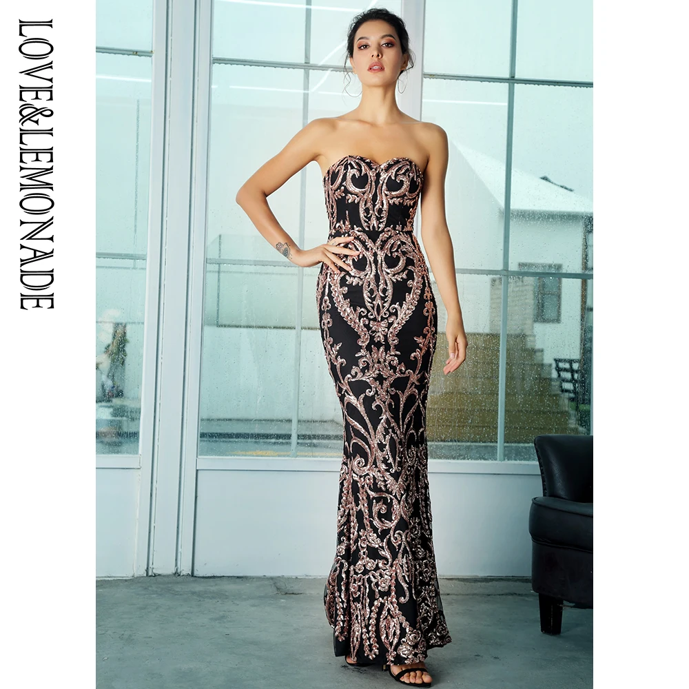 Женское длинное платье LOVE & LEMONADE розовое золото в форме рыбий хвост с блестками на