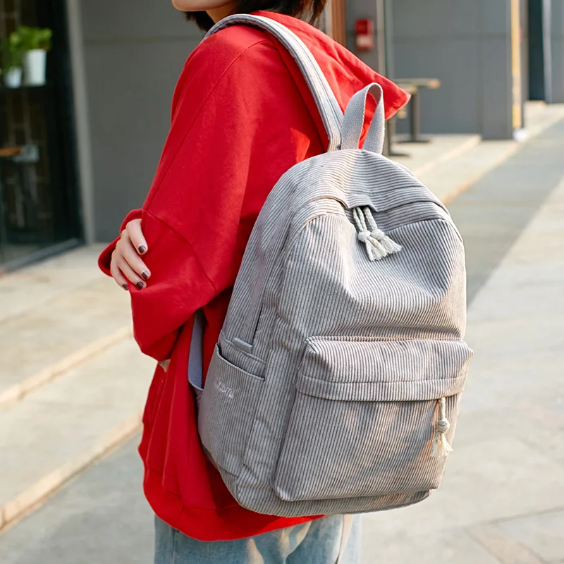 

Fashion Style Soft Fabric Backpack Female Corduroy Design School Backpack For Teenage Girls Striped Backpack Women's Bag WX021