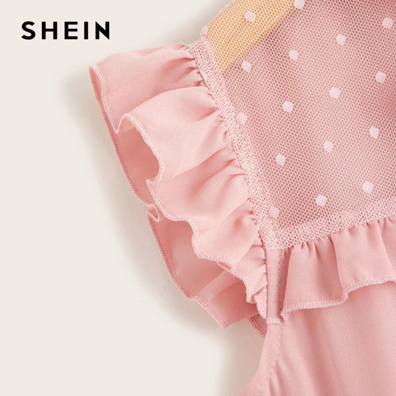 SHEIN/Детская однотонная розовая блузка в горошек с контрастным воротником и сеткой для девочек, топы для детей, коллекция года, летняя милая блузка с рукавами-крылышками и бантом спереди