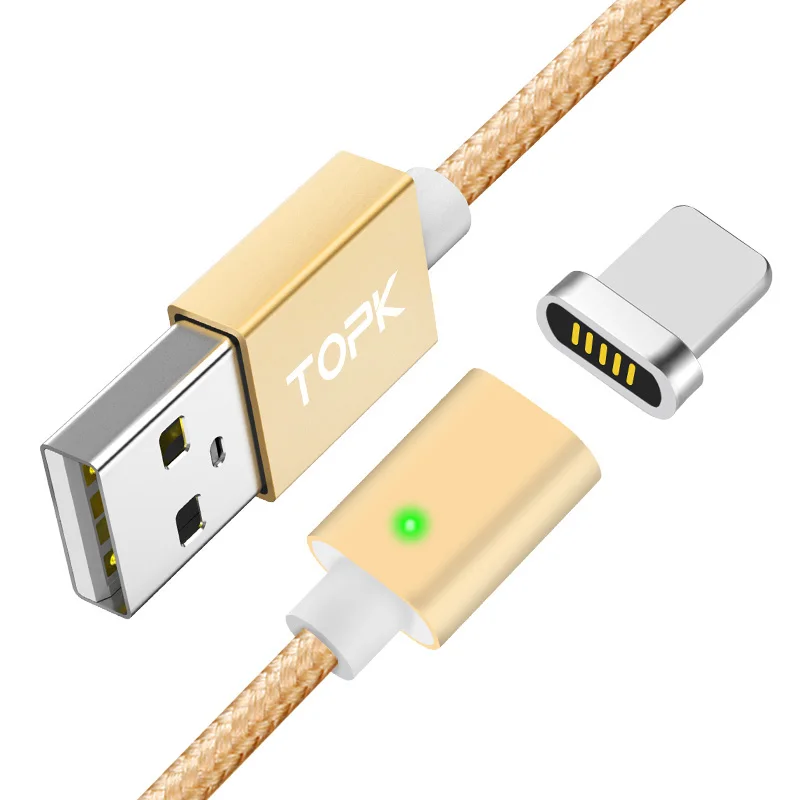 Gold cable TOPK 1 м Магнитный кабель для iPhone Xs Max Xr 8 7 Plus USB C& Micro USB кабель нейлоновый Плетеный светодиодный кабель с индикатором синхронизации данных type-C - Цвет: Gold cable