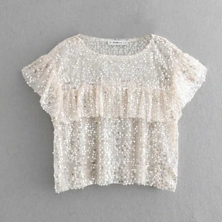 Женская блузка свободная с каскадными оборками и блестками|Блузки| |