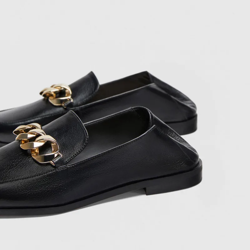Baimier/осенние женские туфли-оксфорды с золотой цепочкой; черные кожаные женские лоферы; женские туфли-оксфорды без застежки; фирменный дизайн; женская обувь на плоской подошве