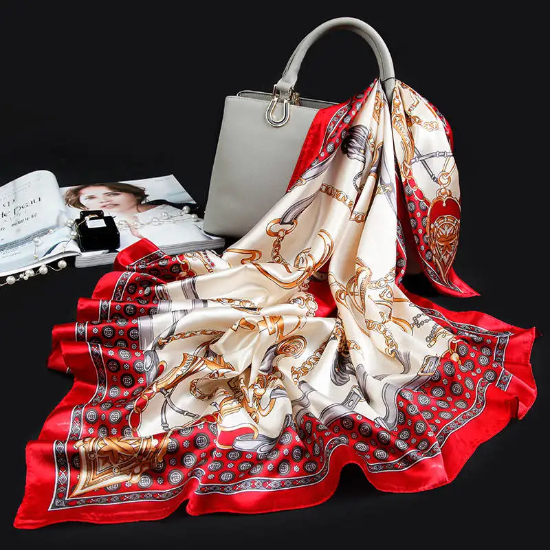 026 Модный головной шелковый шарф женский роскошный дизайнерский платок бандана женский атласный с принтом платок 90x90 см большой квадратный шарф Мусульманский Хиджаб - Цвет: 026