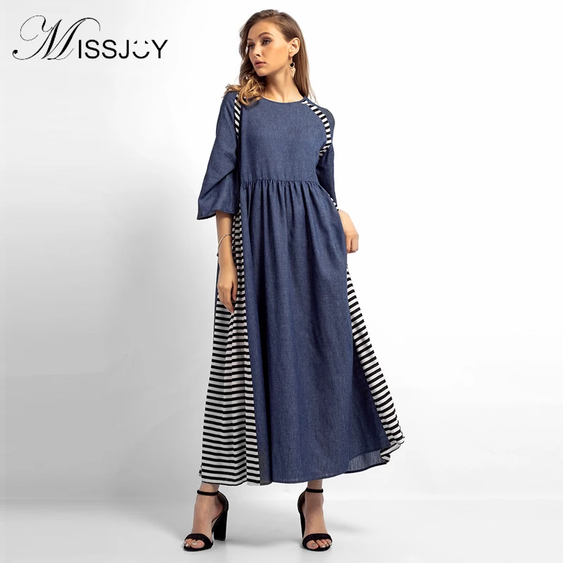 

MISSJOY Women Clothing Autumn Spring 3/4 Sleeve Striped Printed Middle East Muslim Fashion lady abaya turkish Islamic Long dress
