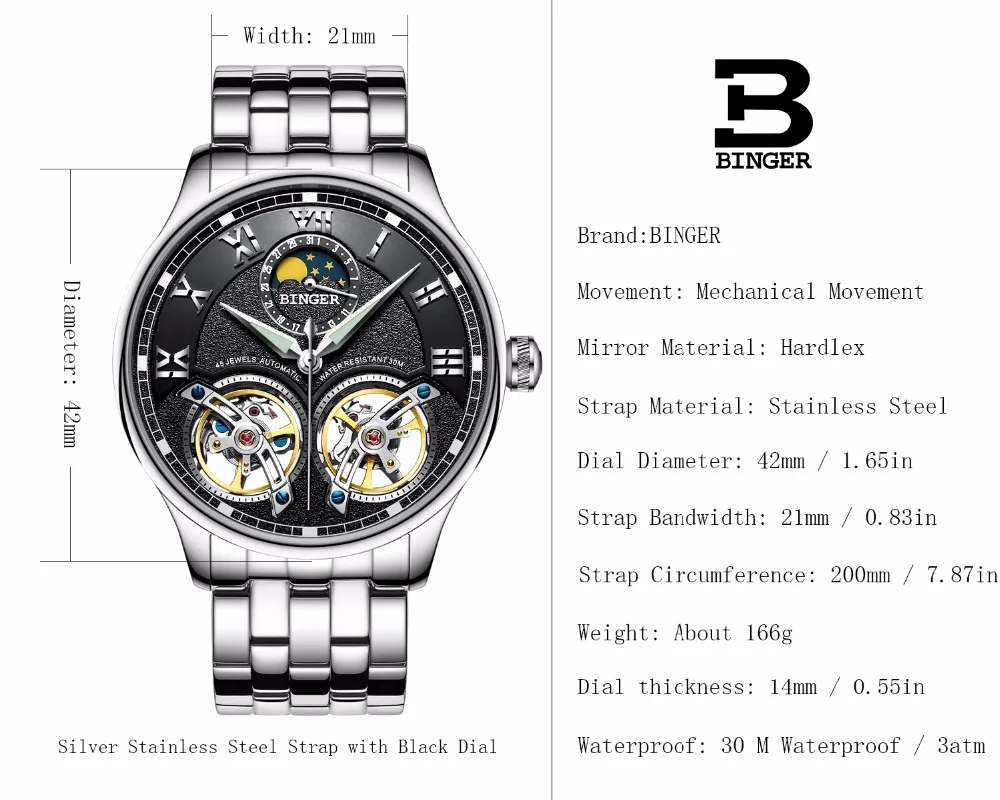 

Double Tourbillon Watches Switzerland BINGER Original Men's Automatic Watch Self-Wind Fashion Men Mechanical Wristwatch Leather