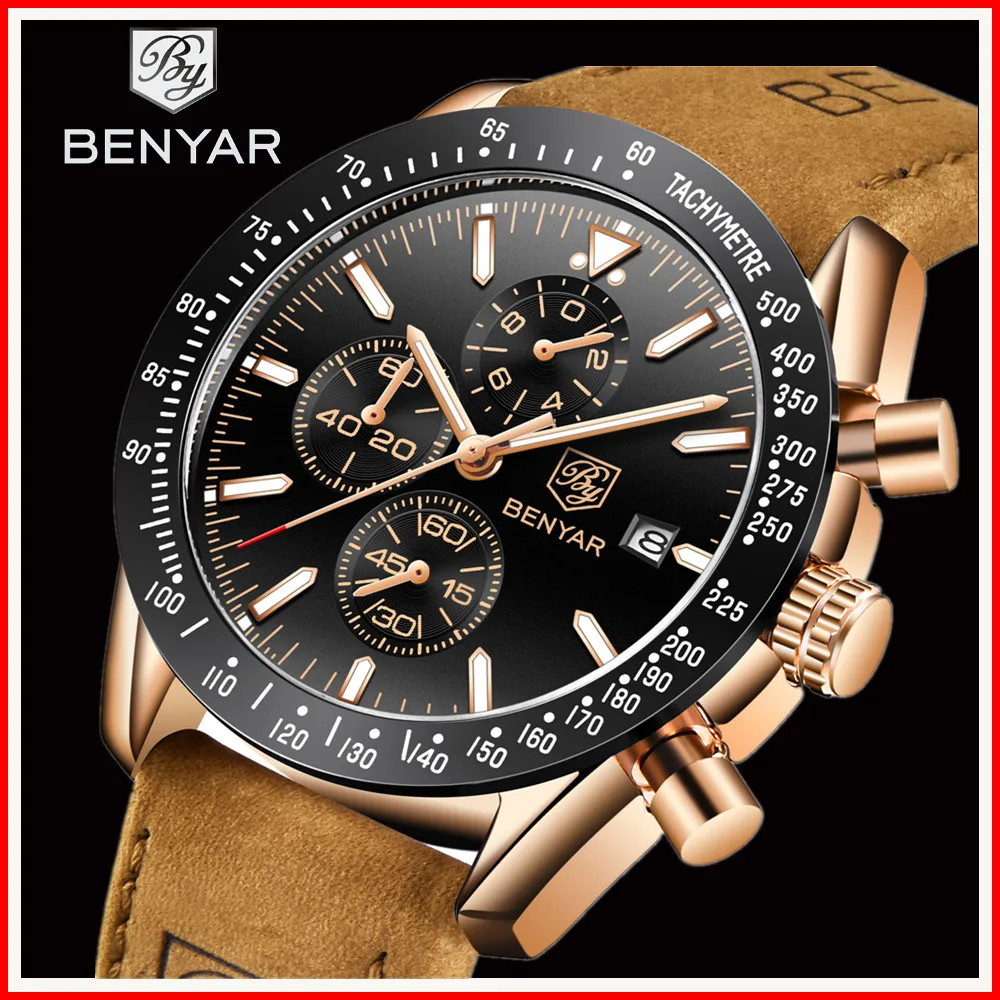 Мужские часы BENYAR спортивные водонепроницаемые кварцевые с кожаным ремешком