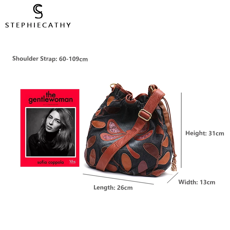 SC Винтажные Сумки из натуральной кожи, женская джинсовая и кожаная Лоскутная сумка на плечо, женская сумка-мешок, женская сумка-хобо на шнурке через плечо