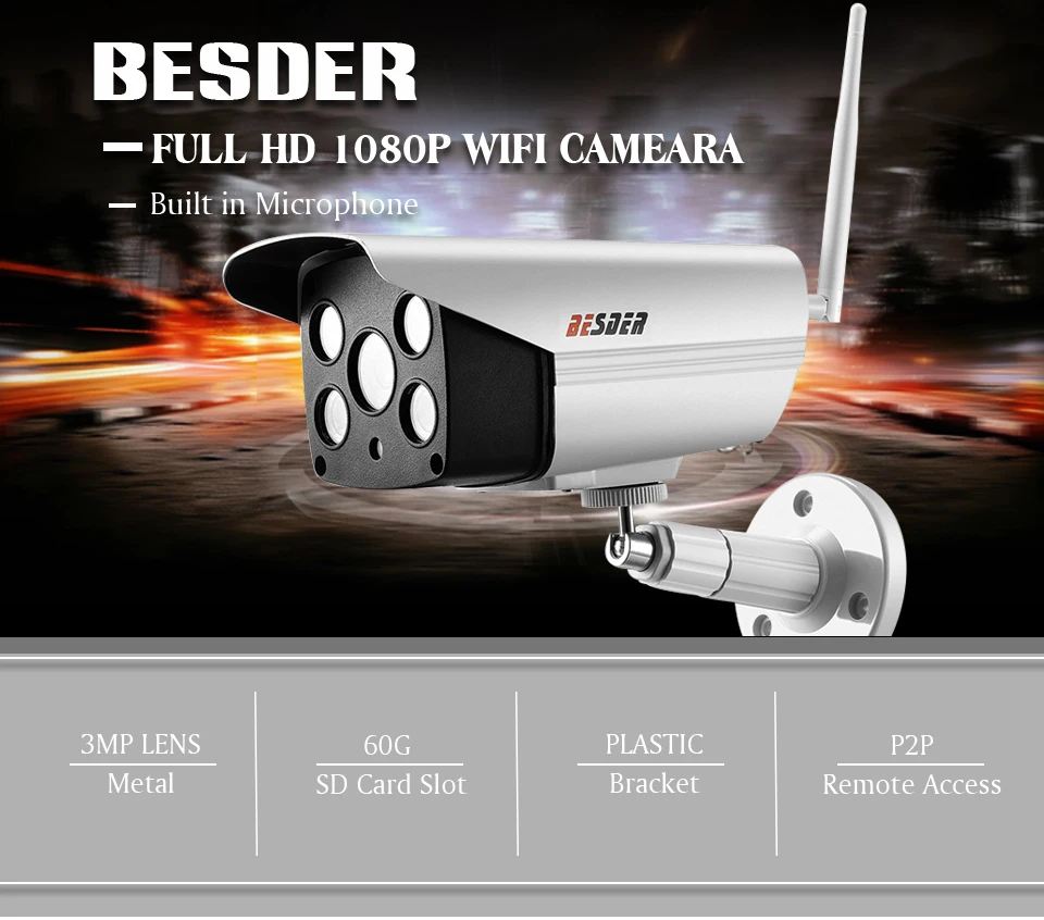 Беспроводная камера besder Full HD 1080P P2P с функцией обнаружения движения, оповещение по электронной почте, Wi-Fi, проводная ip-камера видеонаблюдения, слот для карты памяти SD Max 64G Yoosee