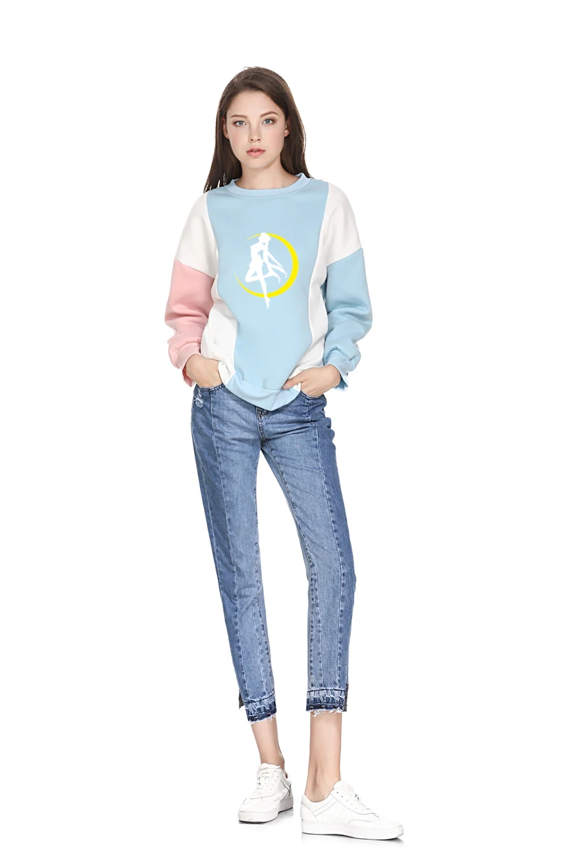 Осень Зима для женщин Kpop повседневное Kawaii мультфильм Сейлор Мун толстовки кофты с длинным рукавом Свободные Colorblock сплайсинга флисовые Топы