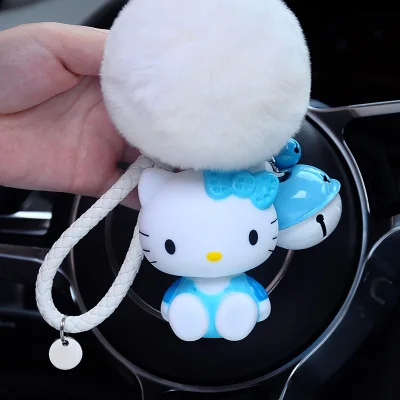 Cute Cartoon Hello Kitty Rabbit Fur Ball PomPom Pom Poms Keychain Women Leather Strap Metal Key Ring Chains Car Bag Charm D35B