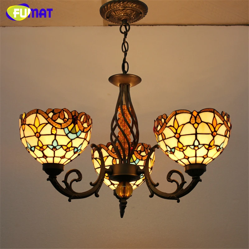 

FUMAT Stained Glass 3 Lights Pendant Lamp Antique Glass Suspension Lights Sun Flower Baroque Restaurant Kitchen Hotel Lights