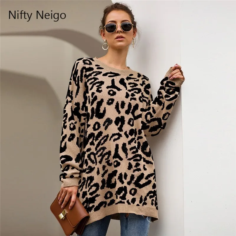 Nifty Neigo Леопардовый принт трикотажная одежда длинный рукав О-образный вырез