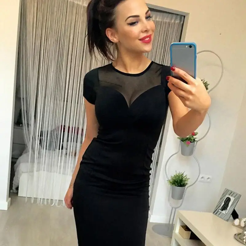 Women Dress Hollow Out Short Sleeve Black Mesh Dresses Zippered Knee-length Sexy Club | Женская одежда