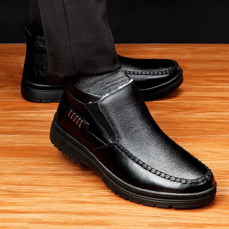 No zipper Black 2 Кожаная обувь для мужчин; коллекция года; Новинка; мужские зимние ботинки; теплые ботинки для отдыха; Мужская обувь в старом стиле; мужская обувь - Цвет: No zipper Black 2