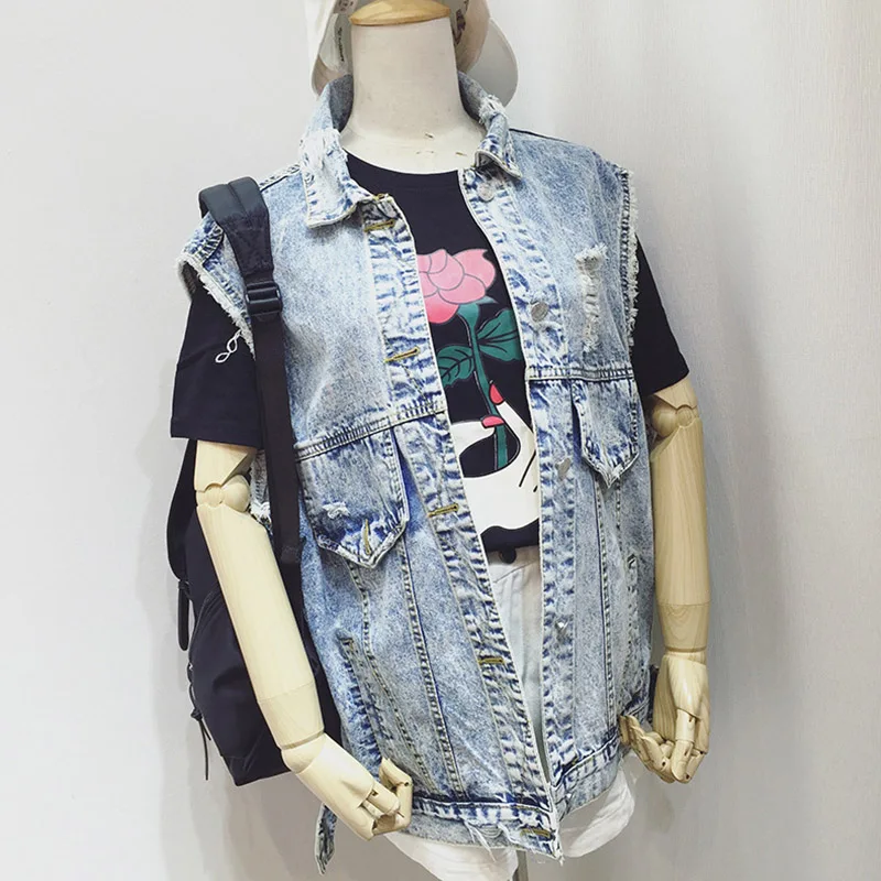 Женский джинсовый жилет средней длины с отложным воротником без рукавов |