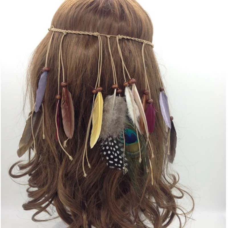 Модный женский головной убор с перьями для волос хиппи украшение бусинами