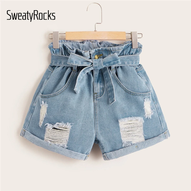 SweatyRocks Ripped Rolled Hem Denim Shorts Streetwear Casual High Waist Belted Shorts Summer Straight Leg Women Solid Shorts