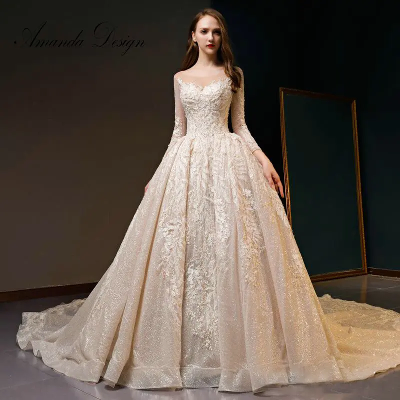 Аманда дизайн vestido fiesta noche elegante o-образным вырезом с длинными рукавами свадебная Кружевная аппликация платье