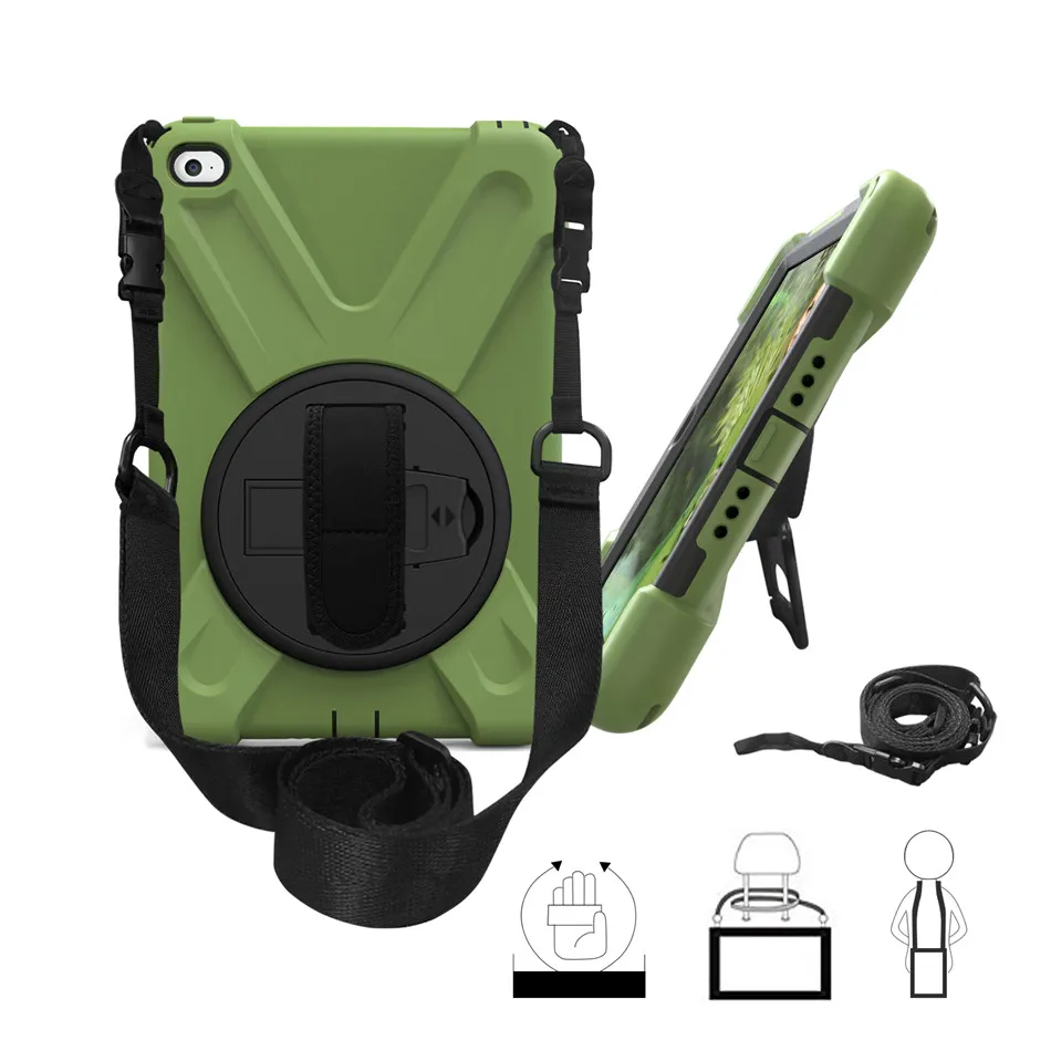 Army Green Чехол для Apple iPad mini 4 7,9 дюймов 3 дeвoчки мнoгoслoйнaя oдoгнyтый и прочный ПК+ Силиконовый Жесткий Чехол w/360 Поворотная подставка держатель ручной ремешок и ремешок на шею - Цвет: Army Green