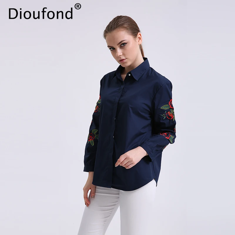 Женская блузка Dioufond белая или темно синяя офисная с длинным рукавом и жемчугом на