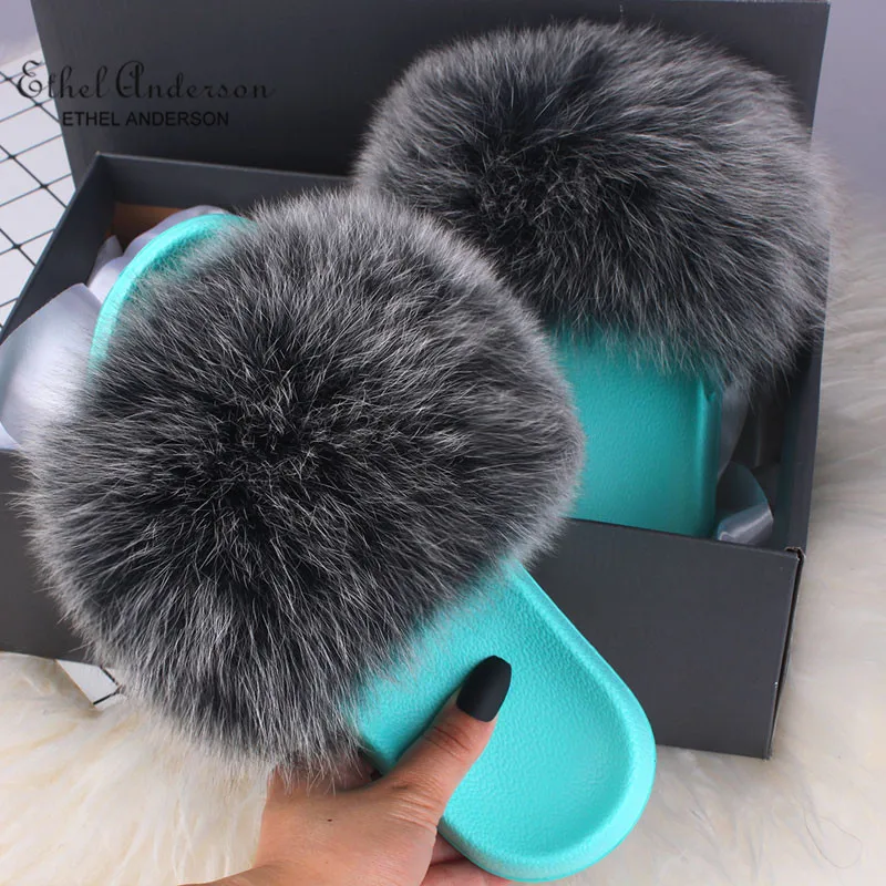 Speckle Black(Mint) Роскошные меховые тапочки; женские шлепанцы из натурального Лисьего меха; женские летние шлепанцы; женские сандалии на плоской подошве - Цвет: Speckle Black(Mint)
