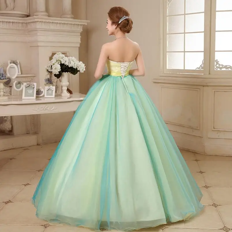 Желтый с Синим Тюль Бретелек Длинные Quinceanera Платья Круг Из Бисера Блестками