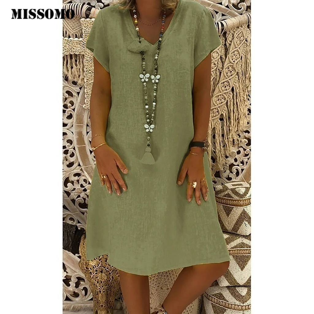 MISSOMO 5XL женское длинное платье из хлопка и льна летнее повседневное пляжное с v