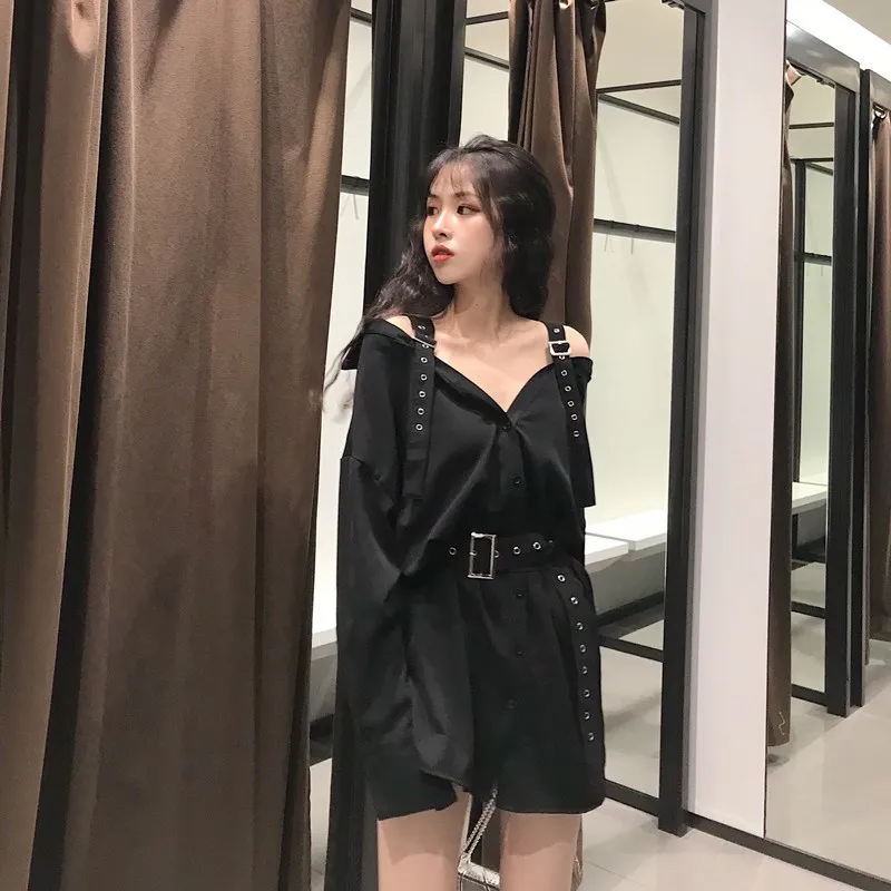 Осенняя Женская офисная блузка с треугольным вырезом модная Длинная ремнем и