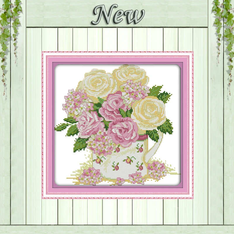 Элегантные розы чашки с цветочным узором ваза 11CT принтом узора на холсте 14CT