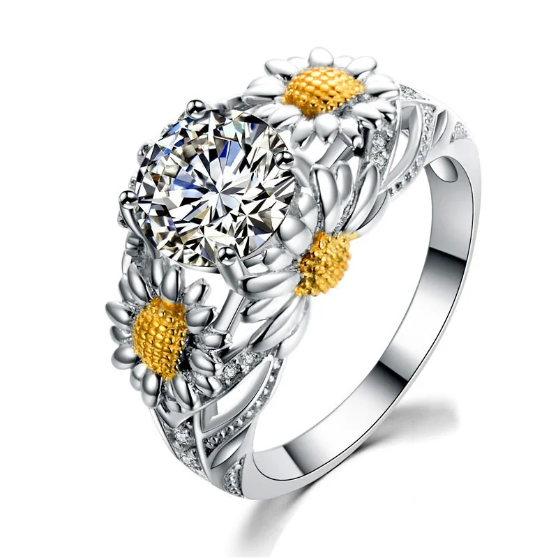 silver Модные серебряные кольца с камнем рождения, 2 стиля, круглый кристалл, медное кольцо «Подсолнух» для женщин, обручение, юбилей, ювелирное изделие, подарок - Цвет основного камня: silver