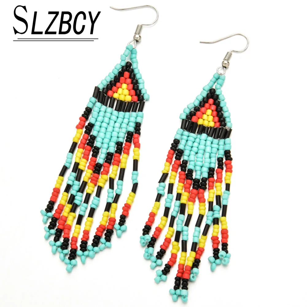 Новая мода цветной бисер кисточкой Висячие серьги для женщин Красный Синий