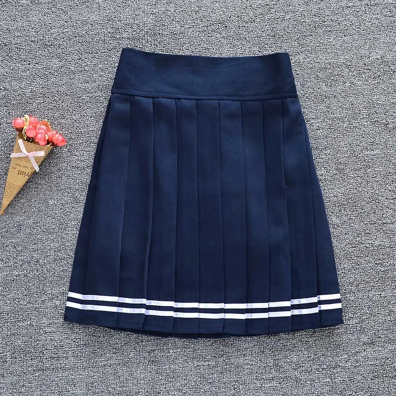 blue with white Новая женская плиссированная юбка с шортами школьная форма мини-юбка Однотонная юбка с высокой талией с шортами эластичная лента - Цвет: blue with white