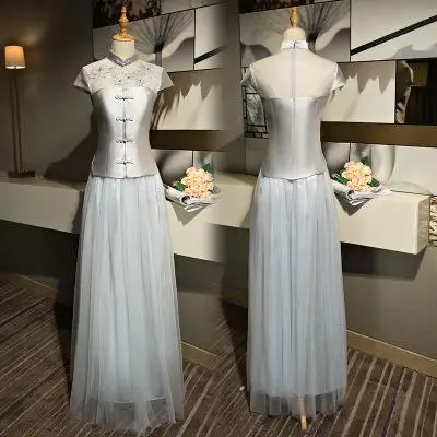 Китайский женский Улучшенный воротник Мандарин Qipao сексуальный короткий рукав Cheongsam кружево Vestidos благородное свадебное платье подружки невесты Размер S-XXL - Цвет: Silver gray