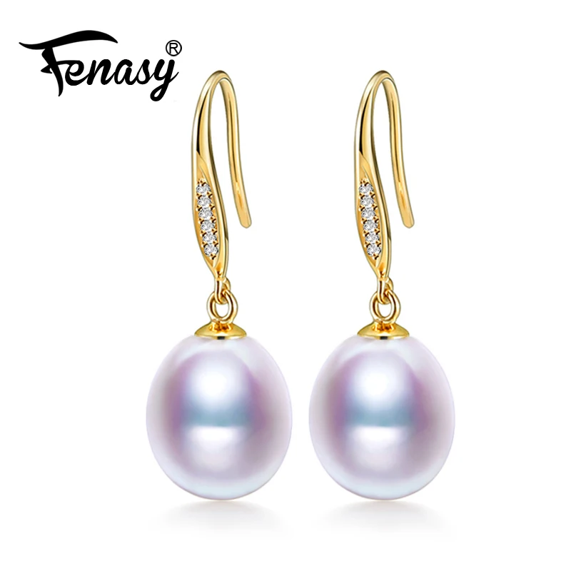 

FENASY 18K Gold earrings pearl Jewelry ,Pearl classic 18k yellow gold stud earrings for women gift box long earrings for love