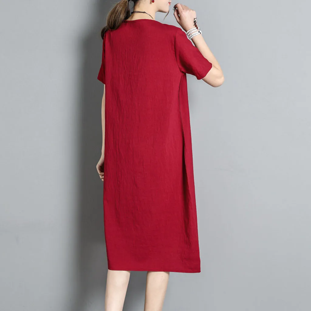 Женское Хлопковое платье с круглым вырезом свободное короткими рукавами и