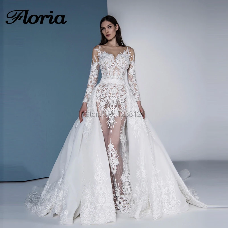 

Lace Wedding Dress See Through 2019 Detachable Skirt Long Sleeves Saudi Arabic Islamic V-neck Wedding bridal Dresses Custom Made